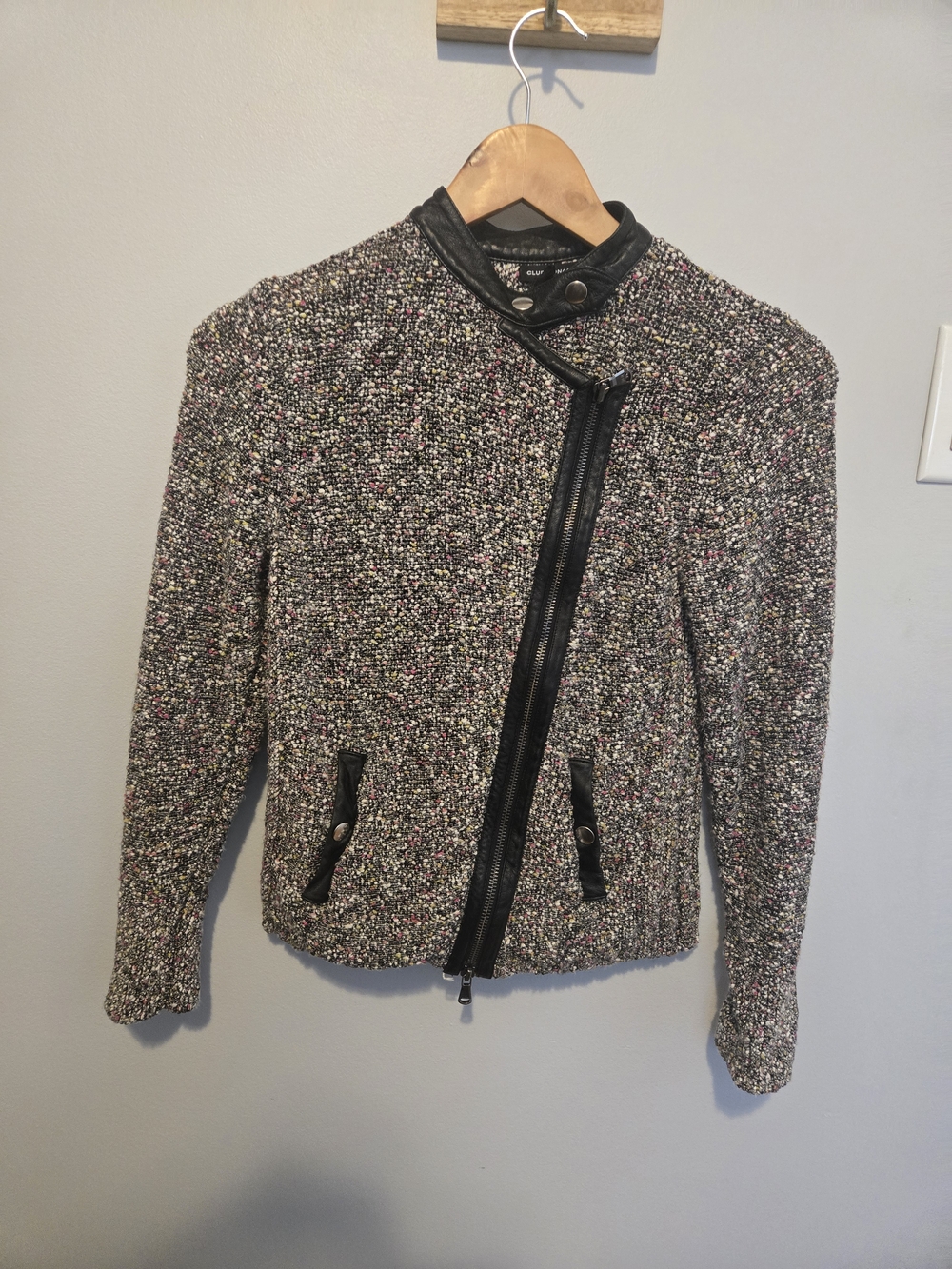 Club Monaco Black Multicolor Tweed Knit Zip-Front Moto Jacket